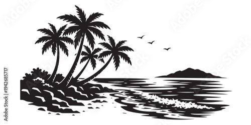Tropical Island Coast Landscape Silhouette, Silhouette Vector, Isolated on White Background