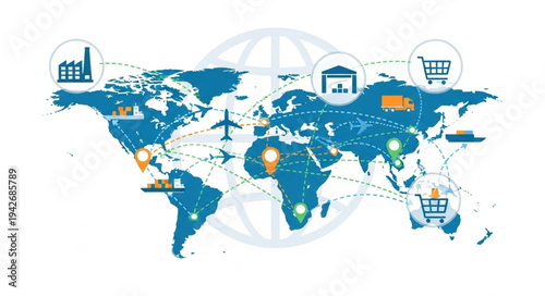 Global Ecommerce Map with Shopping Icons.