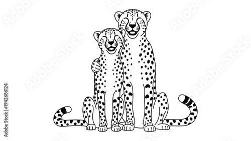 Cheetah Family Portrait: A tender depiction of two cheetahs, their spotted coats contrasting against a stark background, embodying kinship and the serene bond between mother and cub.