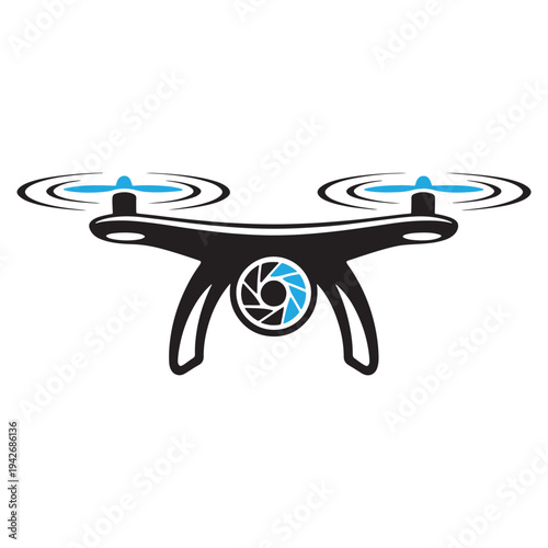 A quadcopter drone with a mounted camera in the center of its frame