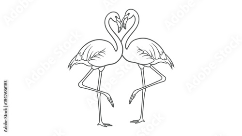 Flamingo Embrace: Two graceful flamingos form a heart shape with their intertwined necks, symbolizing love and connection, set against a pristine backdrop.