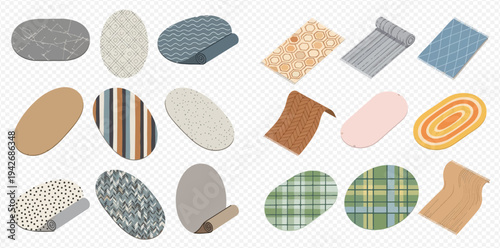 Set of various oval and rectangular rugs with different patterns and textures, isolated on a transparent background.