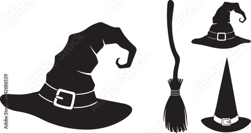 Black Silhouettes of Witches Hats and Broom on White