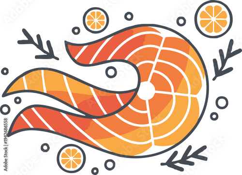 Stylized salmon fish steak illustration with outline and geometric texture, cooking ingredient, seafood