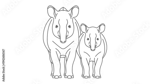 Tapirs Family Illustration: An illustration captures the tender moment of a mother tapir and her calf, showcasing their unique features and the beauty of wildlife through a clean, artistic style.