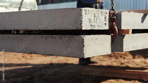 Precast concrete slabs being lowered to ground by crane