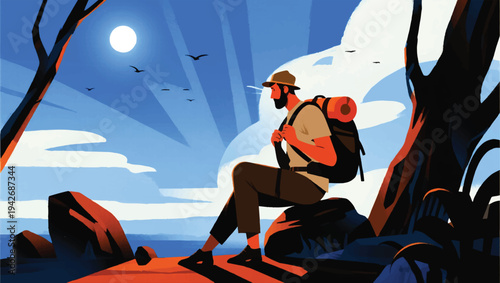 Illustration Of An Adventurer Sitting Resting On A Large Rock Vector Design Template