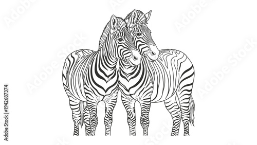 Zebra bond illustration: A heartwarming illustration of two zebras, their striped patterns intermingling as they stand shoulder to shoulder, expressing a bond of affection.