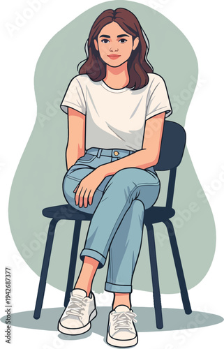Illustrazione vettoriale di una donna seduta su una sedia con gambe accavallate. Concetto di attesa, relax, conversazione o ambiente lavorativo. Stile moderno ideale per comunicazione, lifestyle e con