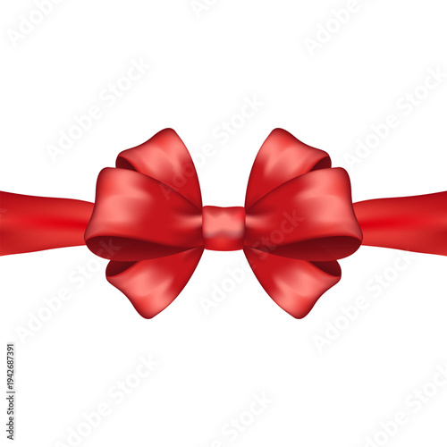 Red 3D bow with satin ribbons, isolated on a white background. Perfect for holiday sales, promotions, gift wrap design, luxury branding, and packaging. Vector.