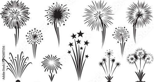 Black and white fireworks illustrations on white background