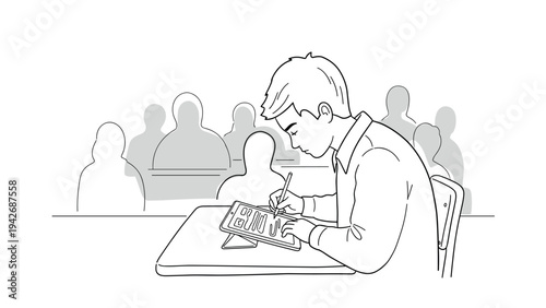 Linear drawing of a student using digital tablet in classroom setting