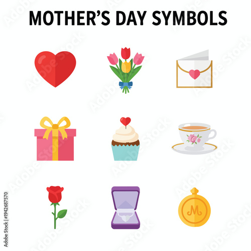 Set of Mother s Day symbols and holiday icons featuring flowers, gifts, and romantic elements in a flat design style for celebration and greeting cards vector illustration