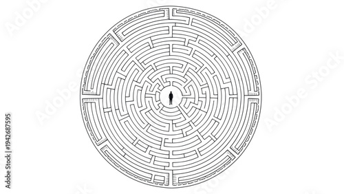 Circular maze with central figure: black and white linear puzzle design