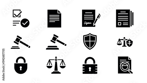 Silhouette legal icons set: contract, gavel, shield, scale, padlock