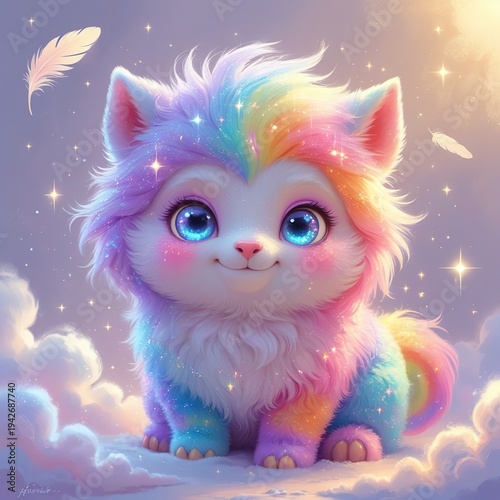 Magical Fluffy Rainbow Animal Character in Dreamy Pastel Colors