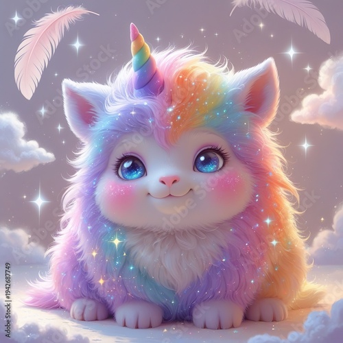 Cute Pastel Rainbow Fantasy Creature with Fluffy Fur and Sparkles
