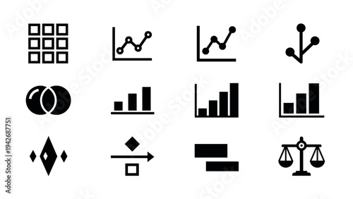 Minimalist data and analytics icons set for reports and presentations