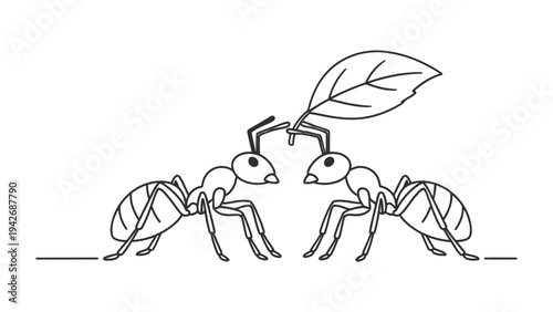 Ants Collaboration: two ants working together to carry a single leaf, emphasizing teamwork and shared effort.  
