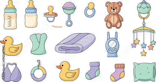 Baby Nursery Objects and Feeding Accessories Icon Set with Bottle Pacifier Rattle Teddy Bear Rubber Duck Blanket Socks Pillow and Infant Care Items Vector