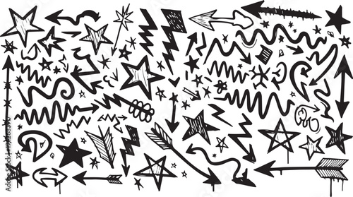 A high-energy collection of hand-drawn street art elements featuring jagged lightning bolts, spray-paint style stars, and aggressive arrows.
