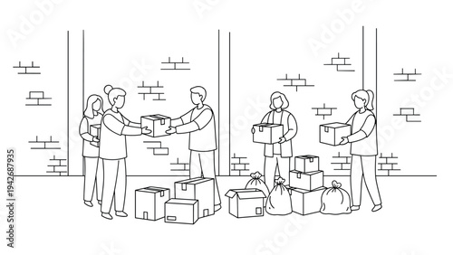 Community volunteers organizing donations for charity in a linear style