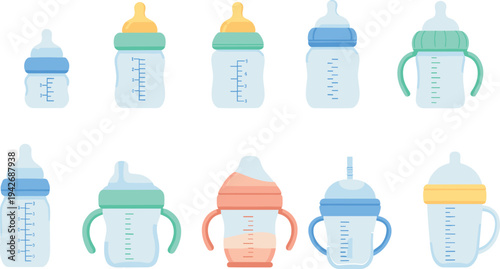 Baby Bottle Growth Stages Collection with Newborn Feeding Bottles Toddler Training Bottles Sippy Cups and Straw Transition Cups Infant Feeding Vector Set