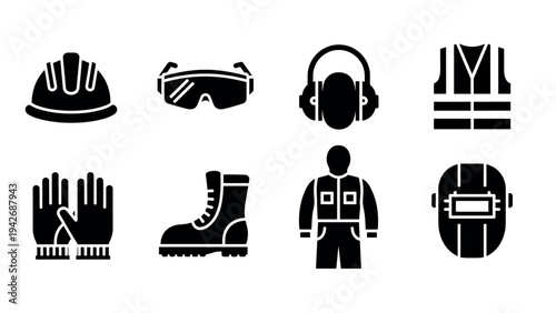 Essential construction safety icons: gear and equipment for secure work environments