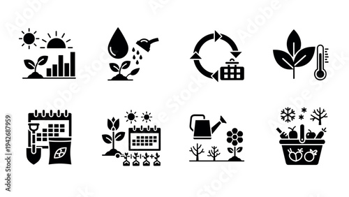 Sustainable gardening icons: silhouette design for eco-friendly plant care and growth
