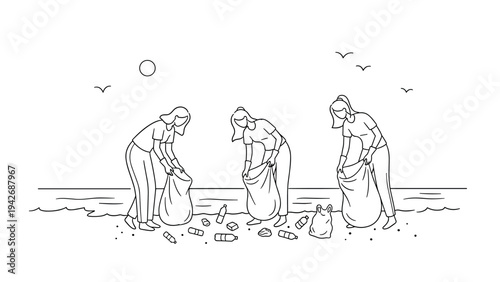 Beach cleanup: women collecting ocean trash in minimal line design