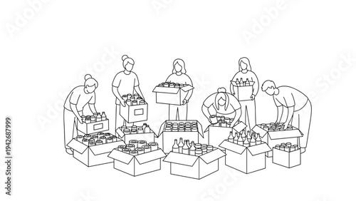 Community volunteers organizing donations in linear style