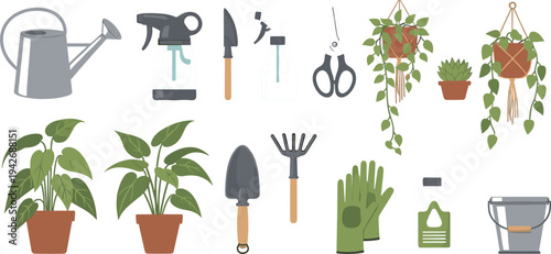 Gardening Tools and Houseplants Icon Set Featuring Watering Can, Spray Bottle, Pruning Scissors, Gloves, Pots, and Indoor Plants