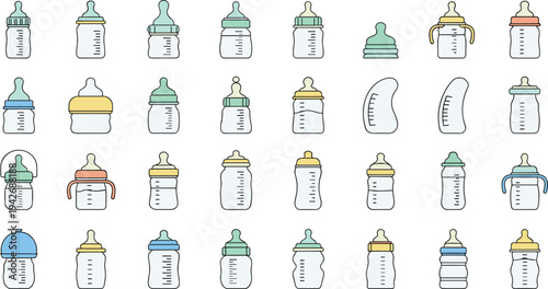 Baby Feeding Bottle Variations Icon Set with Infant Milk Bottles Anti Colic Shapes Training Bottles Measurement Marks and Toddler Feeding Containers Vector