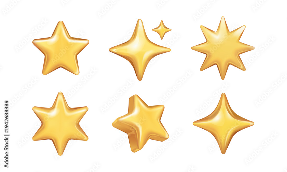 Obraz premium Icons of 3D starts. Gold, metal badges of five pointed sparks for awarding success, winning and achievements. Signs of the best in rating. Flat isolated vector illustrations on white background