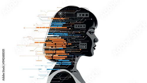 Futuristic digital profile: woman in tech-inspired double exposure art