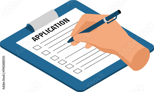 Isometric hand filling application form on clipboard with pen showing document signing, business paperwork and registration process concept