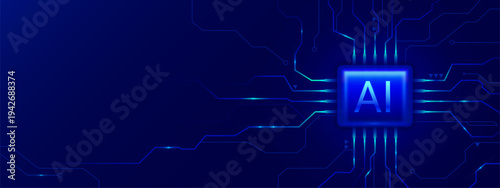 AI chip board with neon glowing circuit pattern and tech element, abstract vector background. Poster design with digital processor with blue semiconductor architecture and intelligent computing power.