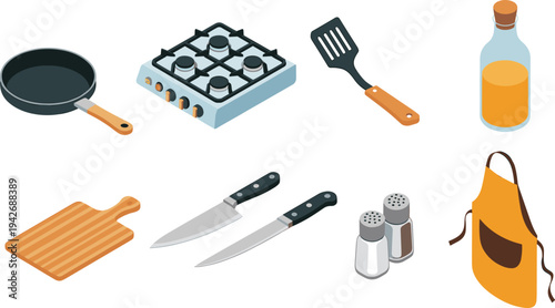 Isometric kitchen cooking utensils set with frying pan, gas stove, knives, cutting board and apron for food preparation