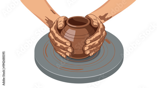 Hands crafting clay pot on spinning wheel: pottery art in action