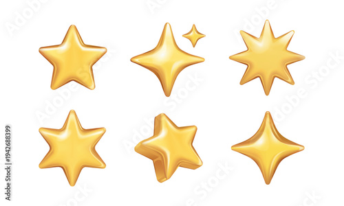 Icons of 3D starts. Gold, metal badges of five pointed sparks for awarding success, winning and achievements. Signs of the best in rating. Flat isolated vector illustrations on white background