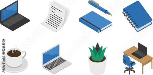 Isometric office workspace elements set with laptop notebook documents pen coffee cup plant and desk for modern productivity illustration