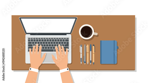 Flat design workspace with laptop, coffee, and stationery on wooden desk