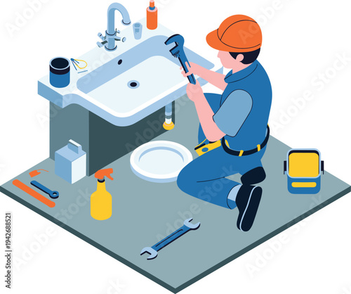 Isometric plumber repairing bathroom sink with wrench and tools illustrating home plumbing service, pipe maintenance and professional repair work