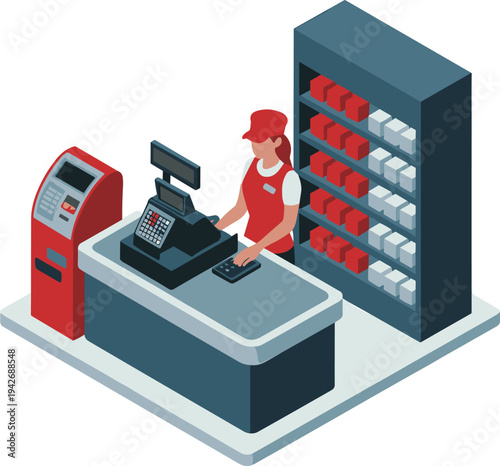 Isometric supermarket cashier working at checkout counter with POS system and product shelves illustrating retail sales and store service