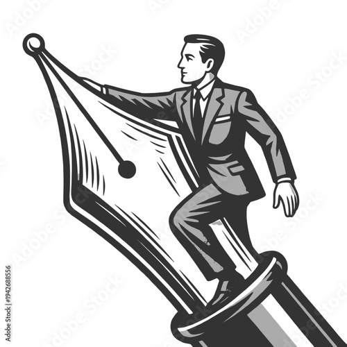 businessman riding a large fountain pen while drawing, creativity, writing, storytelling, and innovative ideas sketch engraving generative ai vector illustration. Scratch board. Black and white image.