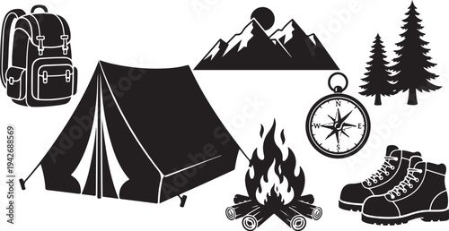 Camping icons and travel symbols in black and white