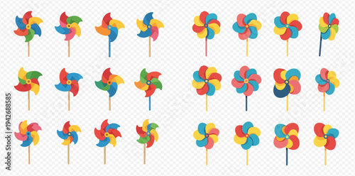 Collection of colorful pinwheels in various designs and patterns, perfect for playful and vibrant graphics.