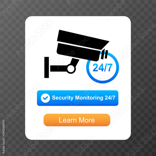 Security monitoring 24/7 interface with CCTV camera icon and surveillance status indicator. vector illustration