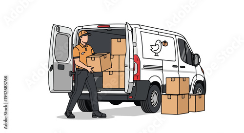 A delivery man in an orange shirt loading many boxes into and from a white delivery van with a logo on a plain white background.