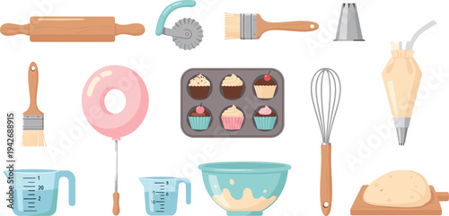 Baking Tools and Pastry Equipment Icon Set Featuring Rolling Pin, Whisk, Measuring Cups, Cupcakes, Dough, and Kitchen Utensils